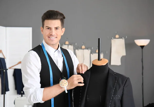 Young Man Tailoring Formal Suit Atelier — Stock Photo, Image