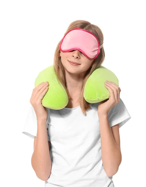 Cute Girl Travel Pillow Sleep Mask White Background — Stock Photo, Image