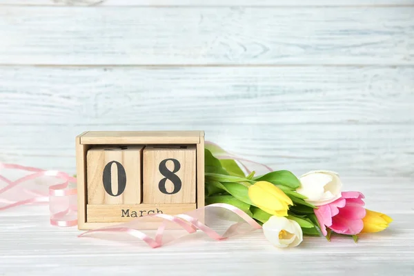 Bloquee Calendario Los Tulipanes Mesa Composición Para Día Internacional Mujer — Foto de Stock