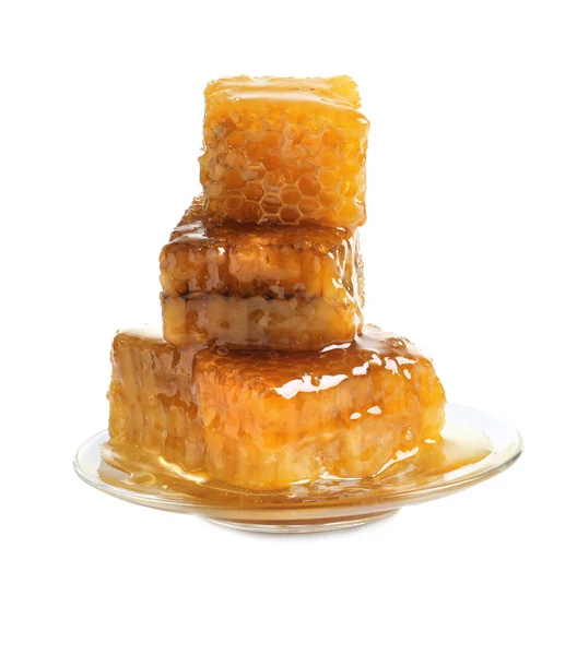 Plate Fresh Honeycombs White Background — Stock Photo, Image