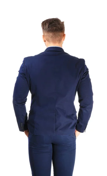 Handsome man in formal suit on white background, back view — Stock Photo, Image