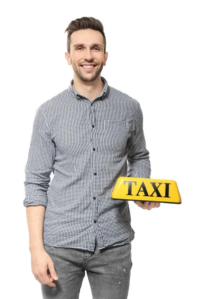 Genç Sürücü Taksi Çatı Beyaz Arka Plan Üzerinde Işık Ile — Stok fotoğraf