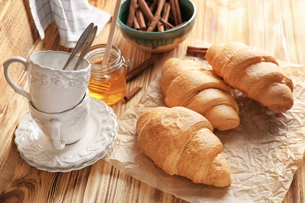 Composition Fresh Yummy Croissants Wooden Table — Stock Photo, Image