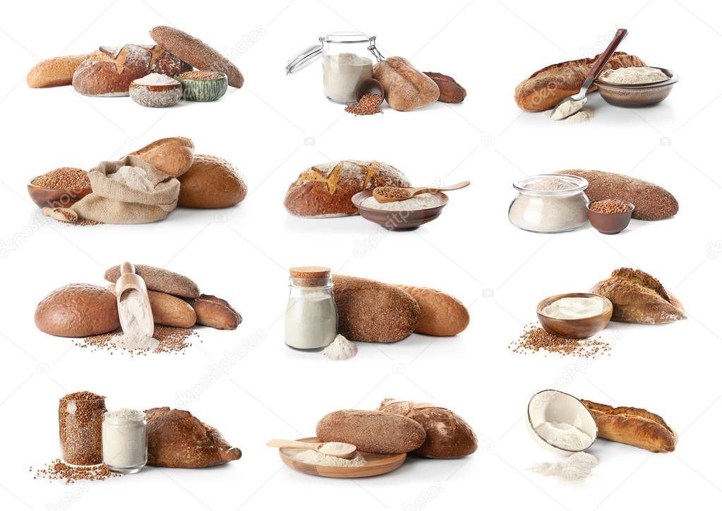 Collage with buckwheat flour and fresh bread on white background