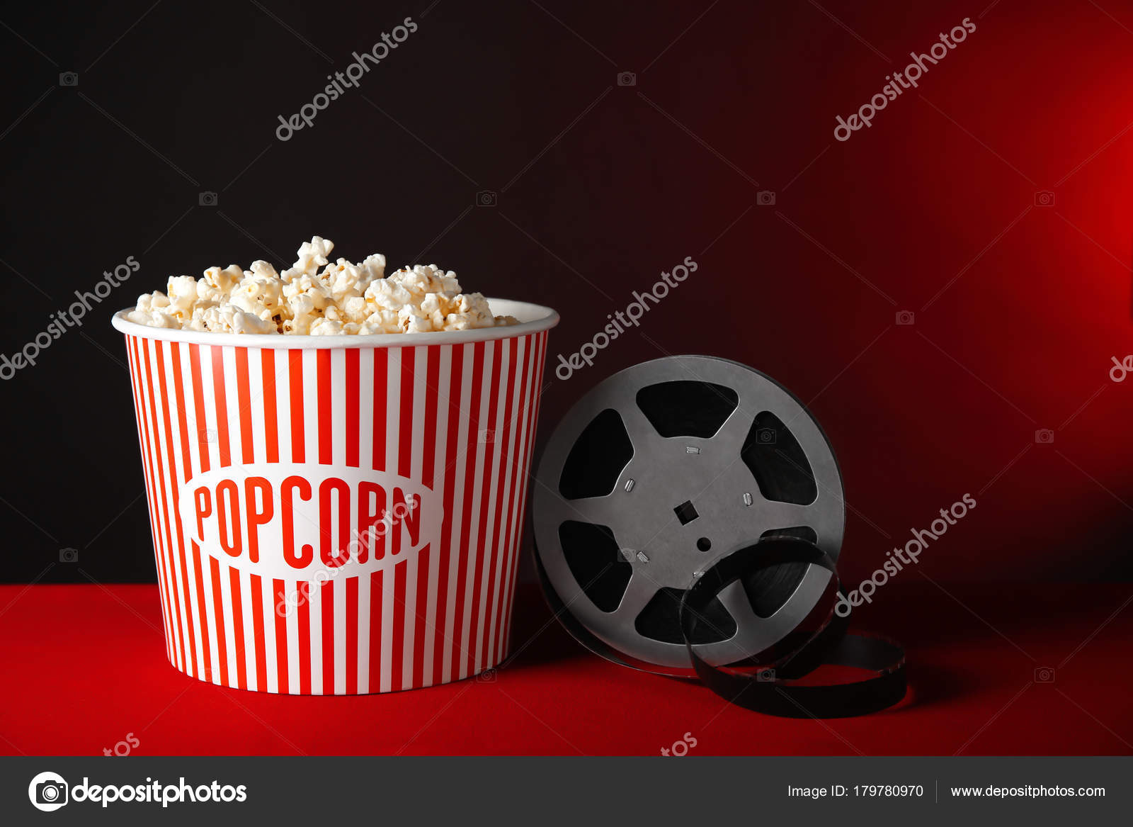 Striped Bucket Tasty Popcorn Movie Reel Table Dark Background