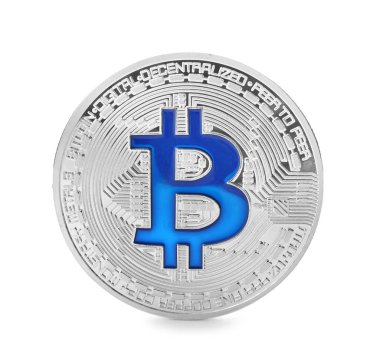 Beyaz arka plan üzerinde gümüş bitcoin