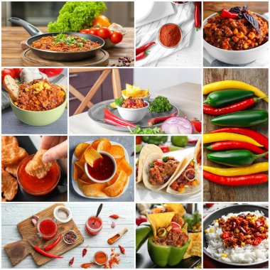 Farklı lezzetli yemekleri biber ile kolaj