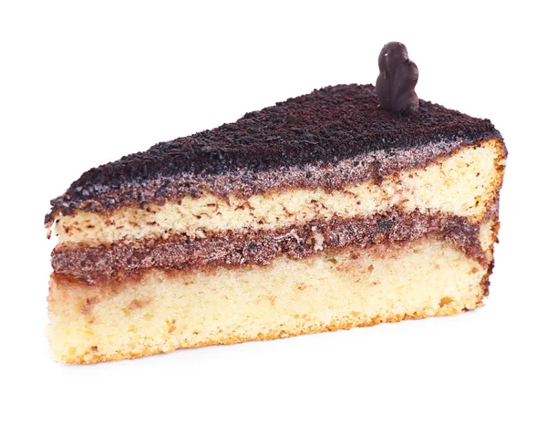 Pièce Gâteau Éponge Savoureux Avec Crème Chocolat Sur Fond Blanc — Photo