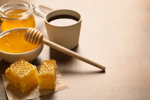 Fresh Honeycombs Wooden Table Closeup — Stock Photo, Image