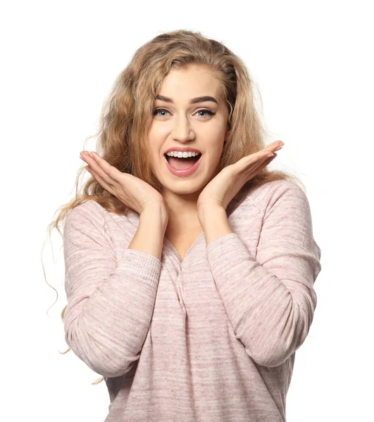 Portrait of beautiful excited woman on white background — Stock Photo, Image