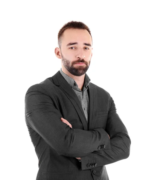 Retrato de joven guapo con brazos cruzados sobre fondo blanco — Foto de Stock