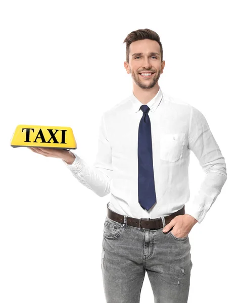 Young Driver Taxi Roof Light White Background — Stock Photo, Image