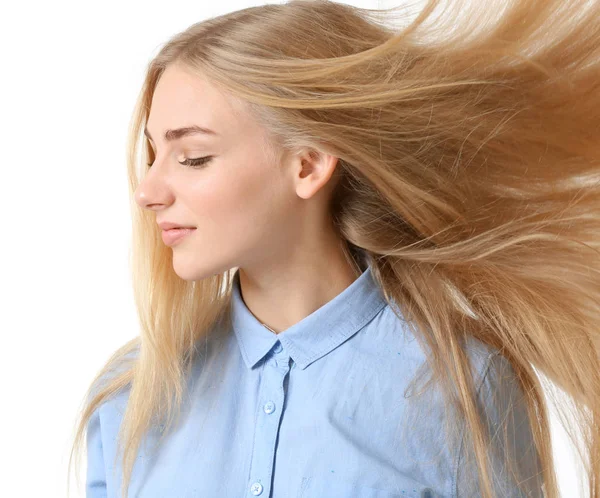 Hermosa Mujer Camisa Azul Sobre Fondo Blanco —  Fotos de Stock