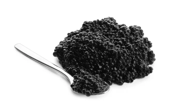 Delizioso caviale nero e cucchiaio su sfondo bianco — Foto Stock