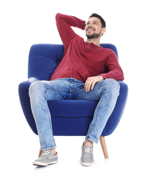 Knappe Jonge Man Zitten Comfortabele Fauteuil Witte Achtergrond — Stockfoto