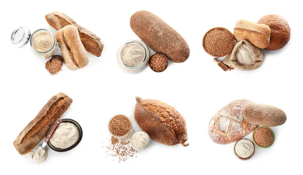 Collage with buckwheat flour and fresh bread on white background — Stock Photo, Image