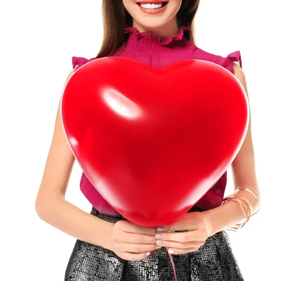 Romantic Young Woman Heart Shaped Balloon Valentine Day White Background — Stock Photo, Image