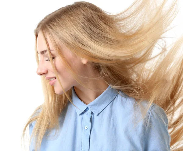 Smiling Woman Blue Shirt White Background — Stock Photo, Image