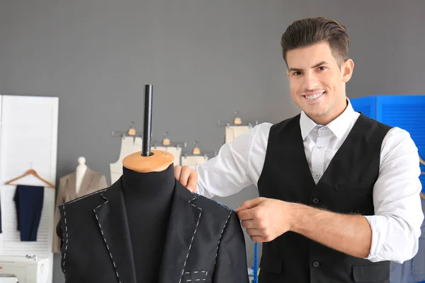 Tailor Taking Measurements Mannequin Atelier — Stock Photo, Image