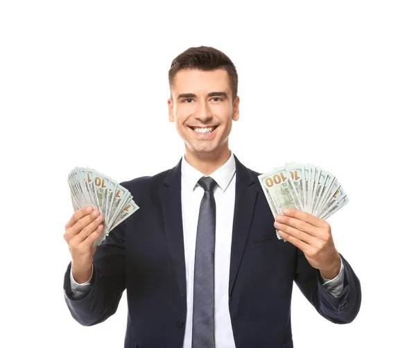 Homem Feliz Com Dinheiro Fundo Branco — Fotografia de Stock