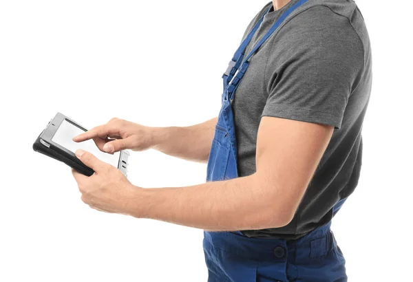 Auto mechanic with tablet computer on white background, closeup — Stock Photo, Image