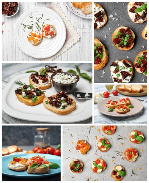 Collage con ideas para servir deliciosas bruschettas con diferentes tipos de tomates —  Fotos de Stock