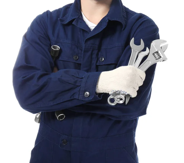 Auto mechanic with tools on white background, closeup — Stock Photo, Image