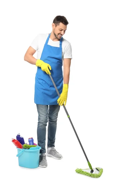 Young professional cleaning floor with mop, isolated on white — Stock Photo, Image