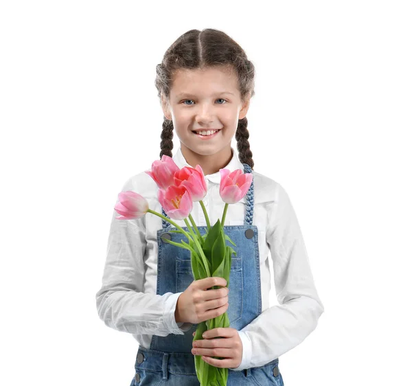 Niedliches Kleines Mädchen Mit Tulpenstrauß Zum Muttertag Auf Weißem Hintergrund — Stockfoto