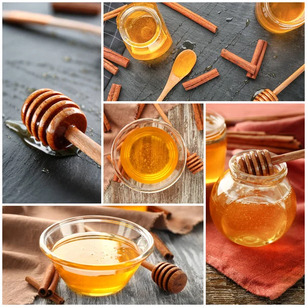 Коллаж со сладким медом и ароматной корицей — стоковое фото