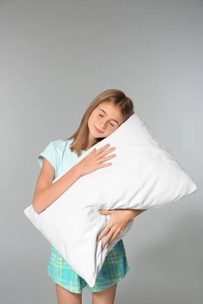 Cute Girl Big Pillow Grey Background — Stock Photo, Image