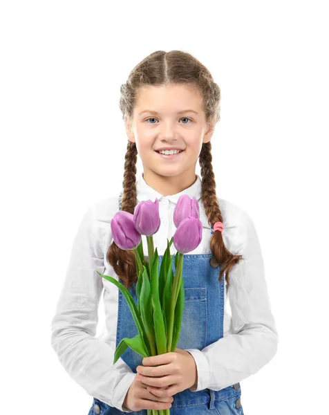 Niedliches Kleines Mädchen Mit Tulpenstrauß Zum Muttertag Auf Weißem Hintergrund — Stockfoto