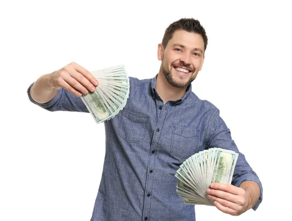 Young man with money on white background — Stock Photo, Image