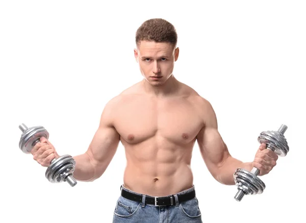Muskulöser Junger Bodybuilder Mit Hanteln Auf Weißem Hintergrund — Stockfoto