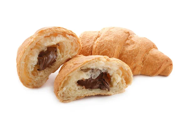 Yummy Fresh Croissants Chocolate White Background — Stock Photo, Image