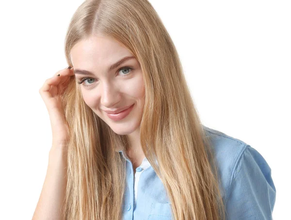 Mulher Sorridente Camisa Azul Fundo Branco — Fotografia de Stock