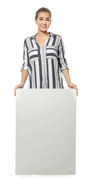 Young Woman Blank Advertising Board White Background — Stock Photo, Image