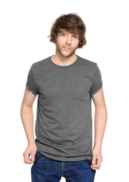 Man showing empty pockets on white background — Stock Photo, Image