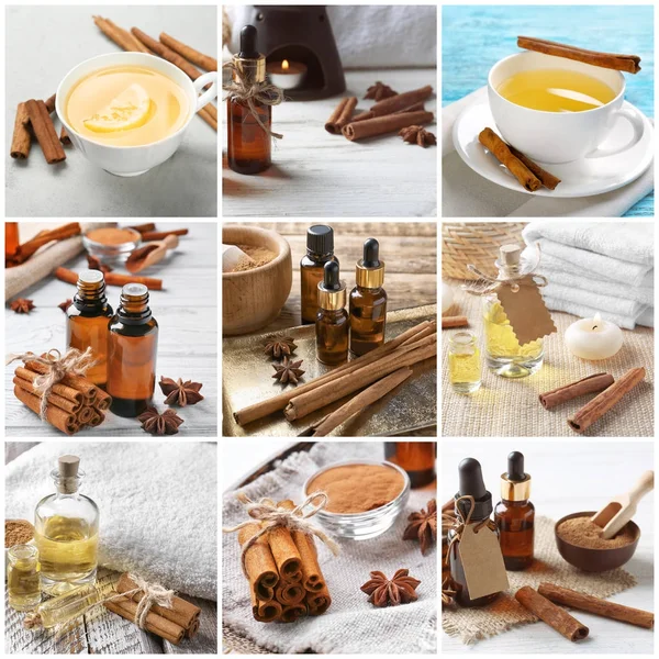 Collage with tasty tea and bottles of cinnamon oil — Stock Photo, Image