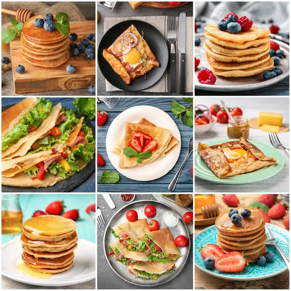 Collage with ideas for serving delicious buckwheat pancakes — Stock Photo, Image