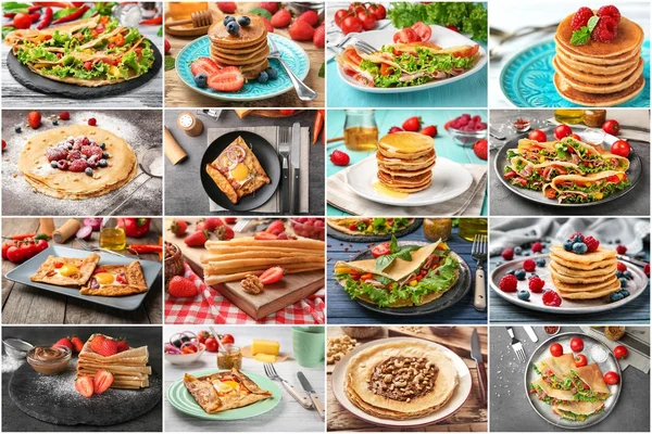 Collage with ideas for serving delicious buckwheat pancakes — Stock Photo, Image