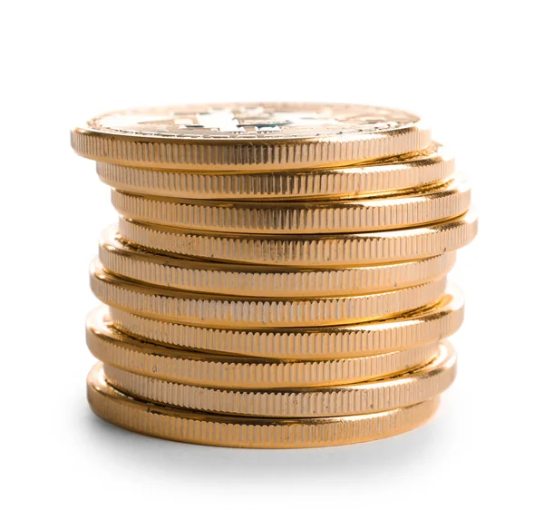 Stack di bitcoin d'oro su sfondo bianco — Foto Stock