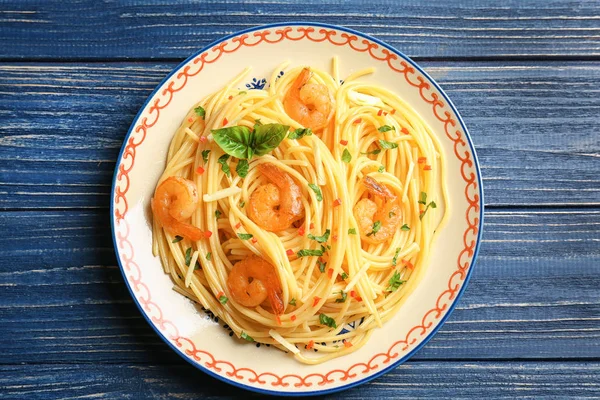 Delicious Pasta Garlic Fried Shrimps Plate — Stock Photo, Image