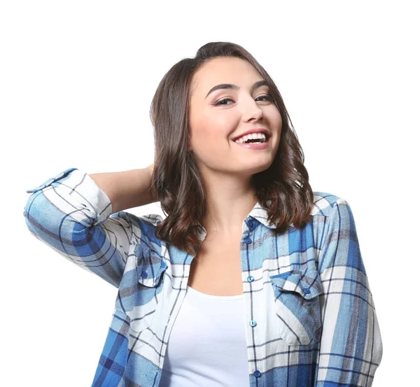 Young beautiful smiling woman on white background — Stock Photo, Image