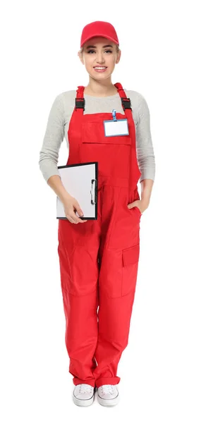 Female Auto Mechanic Clipboard White Background — Stock Photo, Image