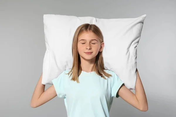 Cute Girl Big Pillow Grey Background — Stock Photo, Image