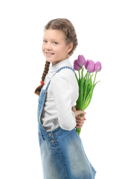 Cute Little Girl Tulip Bouquet Mother Day White Background — Stock Photo, Image