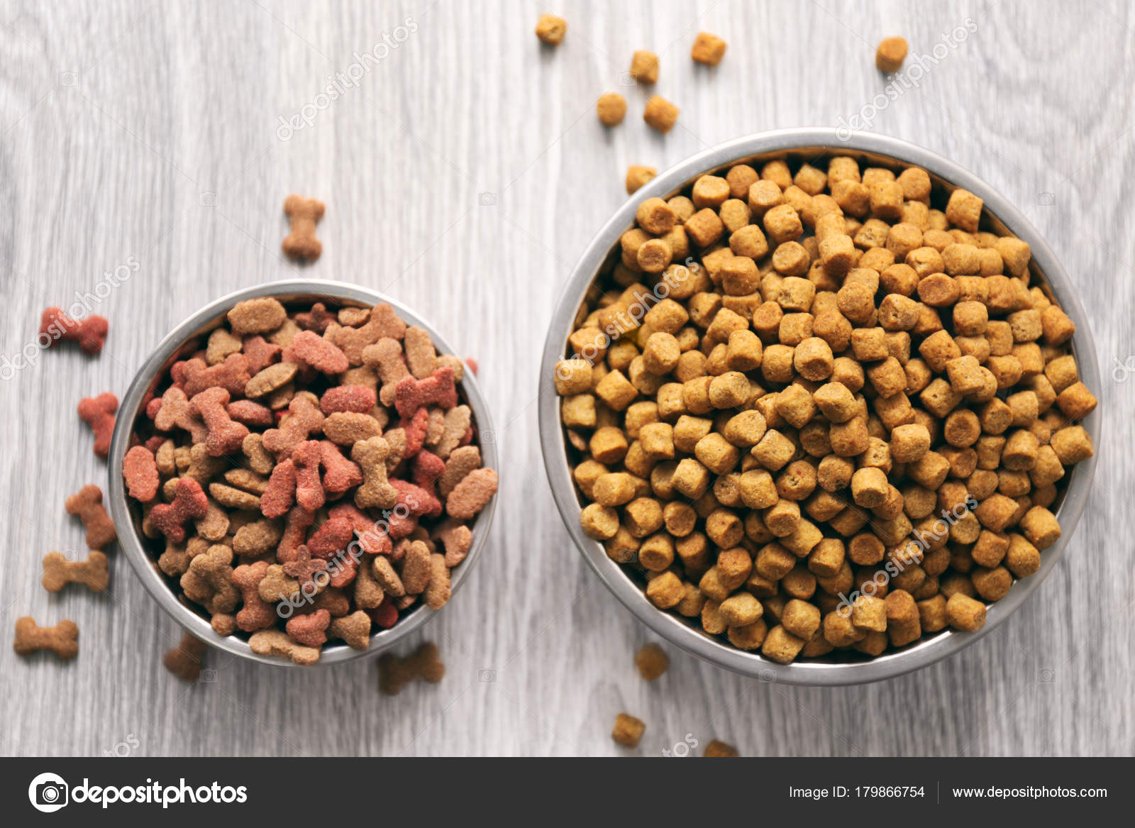 Dog Food Bowls Wooden Table Stock Photo by ©belchonock 179866754