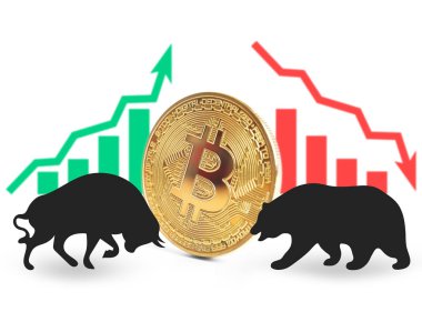 Boğa ve ayı arasında beyaz zemin üzerine bitcoin ile çatışma finansal piyasa semboller. Hisse senedi Alım Satım kavramı