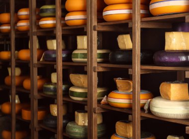 Dükkanda lezzetli peynir çeşitleri ile ahşap stand